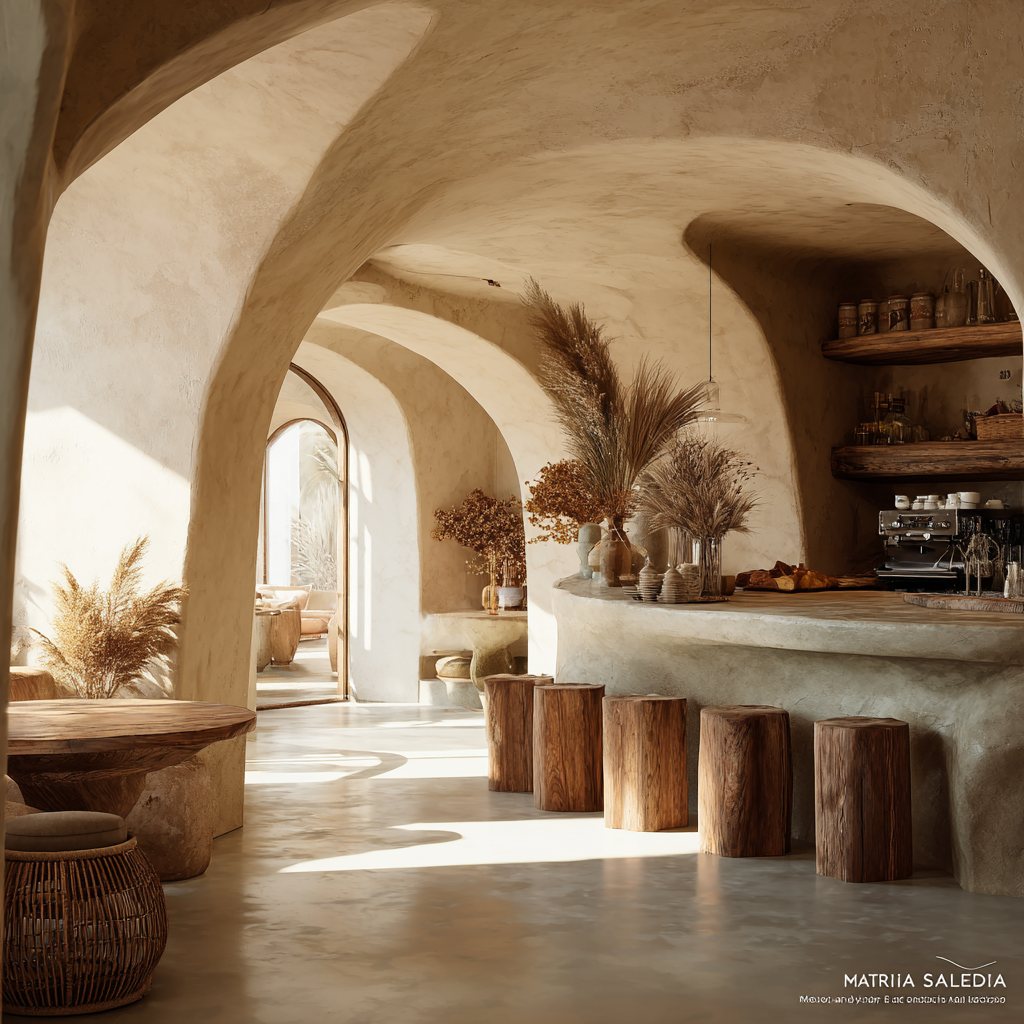 Espacio de cafetería orgánico con arcos de estuco, madera y luz natural