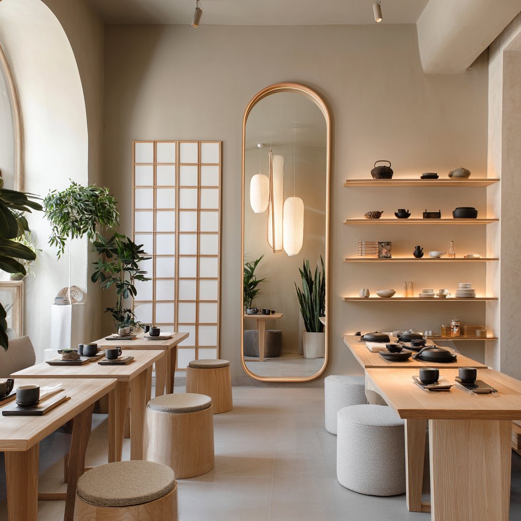Interior de restaurante japandi con mesas y estanterías de madera
